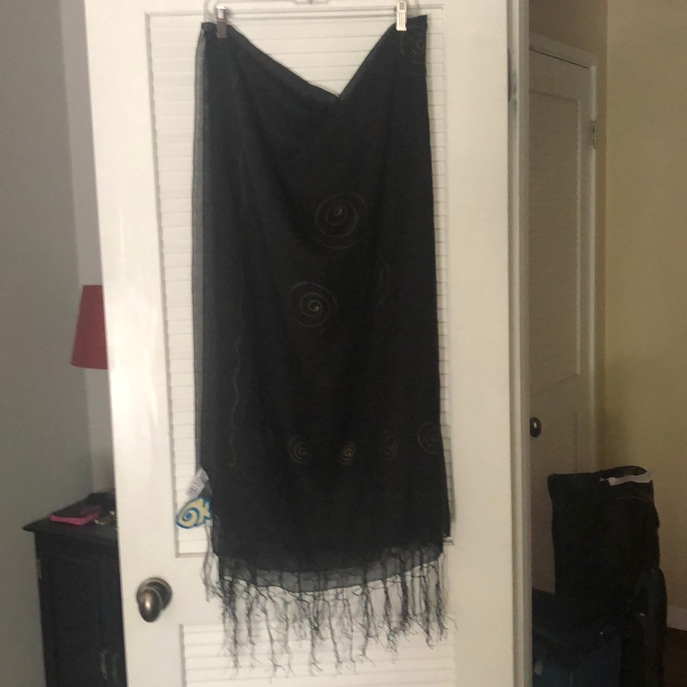 Sheer black swimsuit wrap with fringe